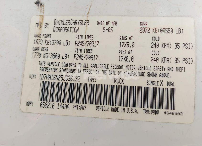 Photo 9 of 2005 Dodge Ram 1500 SLT/LARAMIE (VIN 1D7HA16N25J636192)