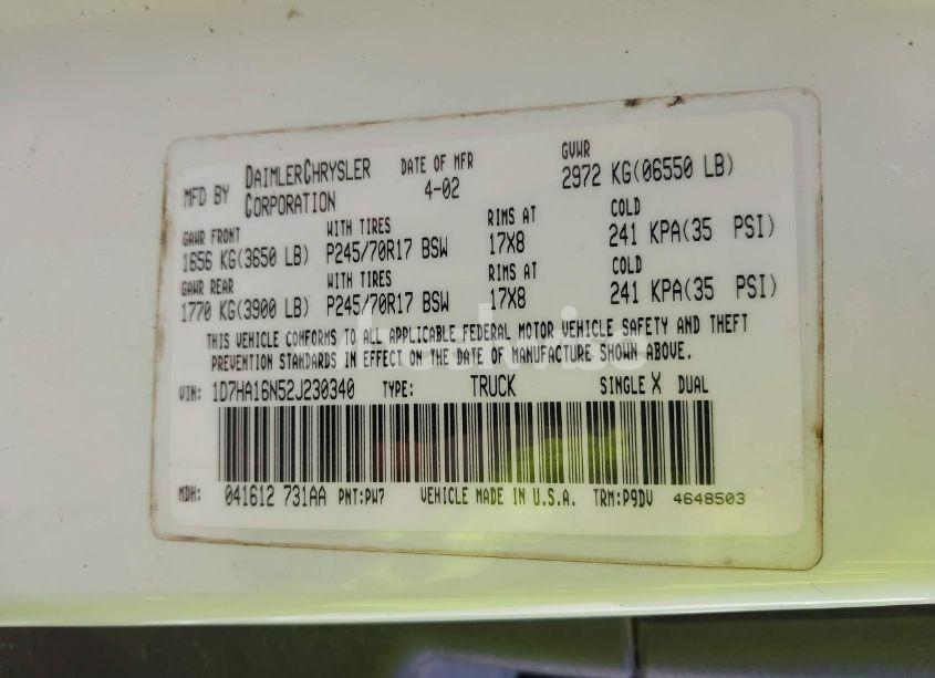 Photo 9 of 2002 Dodge Ram 1500 ST (VIN 1D7HA16N52J230340)