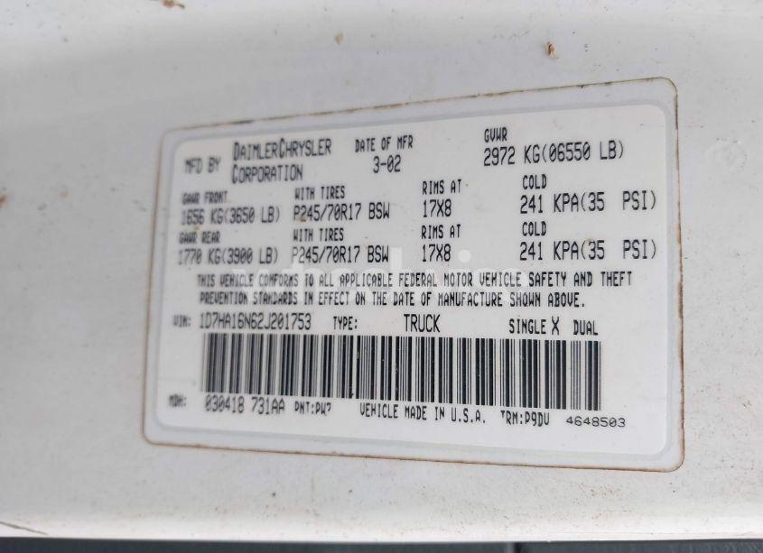 Photo 9 of 2002 Dodge Ram 1500 (VIN 1D7HA16N62J201753)