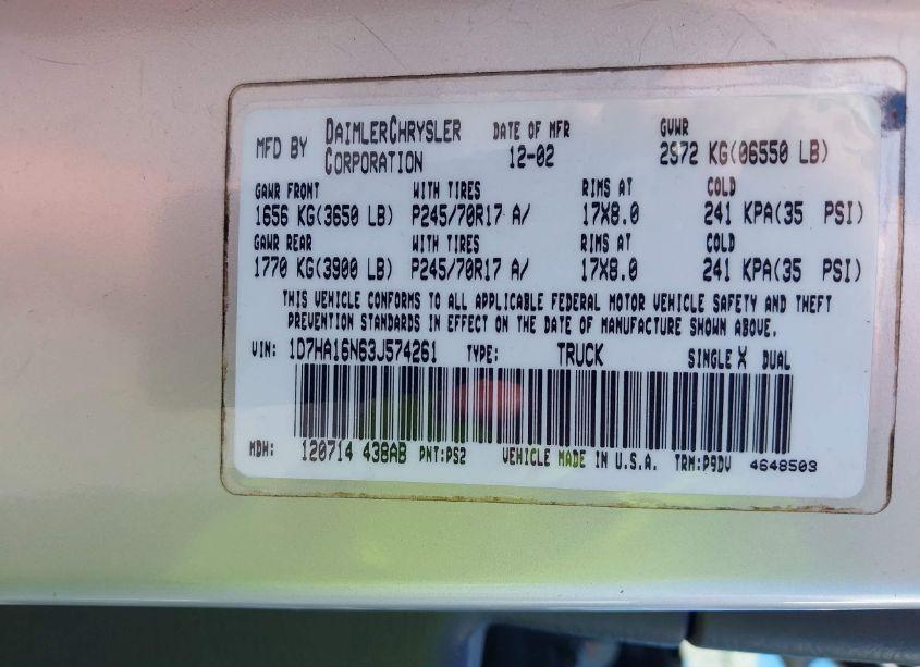 Photo 9 of 2003 Dodge Ram 1500 SLT/LARAMIE/ST (VIN 1D7HA16N63J574261)