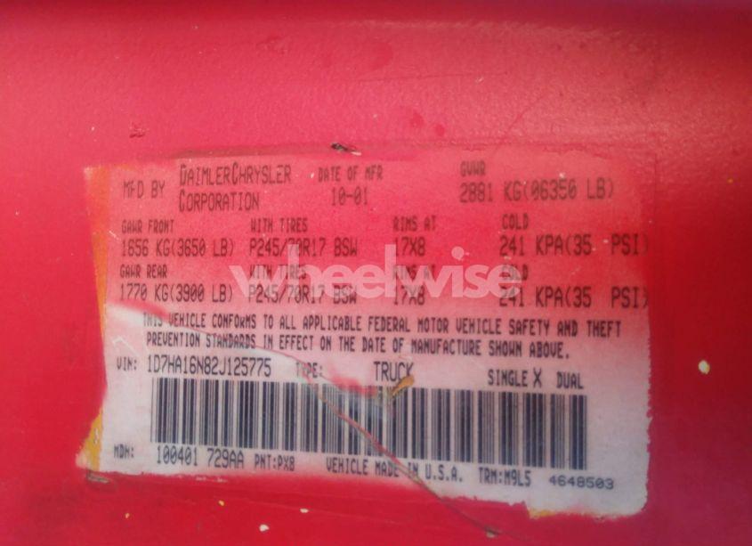 Photo 9 of 2002 Dodge Ram 1500 SLT (VIN 1D7HA16N82J125775)