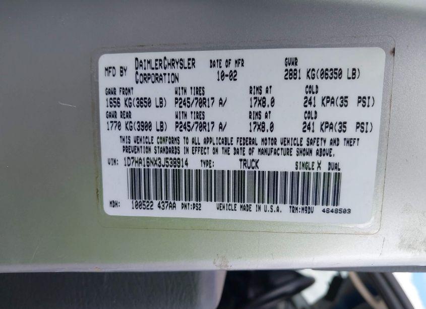 Photo 9 of 2003 Dodge Ram 1500 SLT/LARAMIE/ST (VIN 1D7HA16NX3J538914)