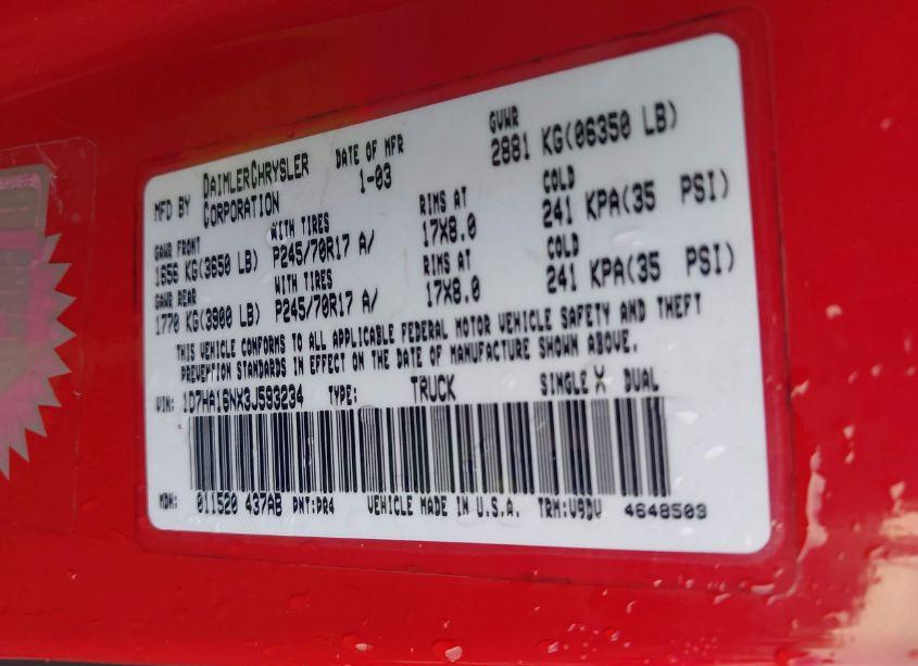 Photo 9 of 2003 Dodge Ram 1500 SLT/LARAMIE/ST (VIN 1D7HA16NX3J593234)