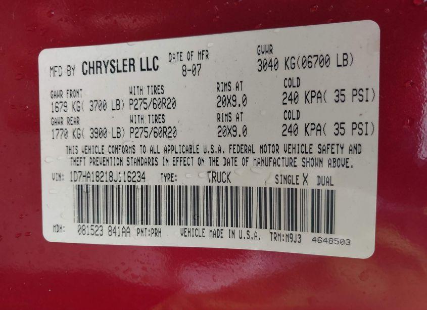 Photo 9 of 2008 Dodge Ram 1500 SLT (VIN 1D7HA18218J116234)