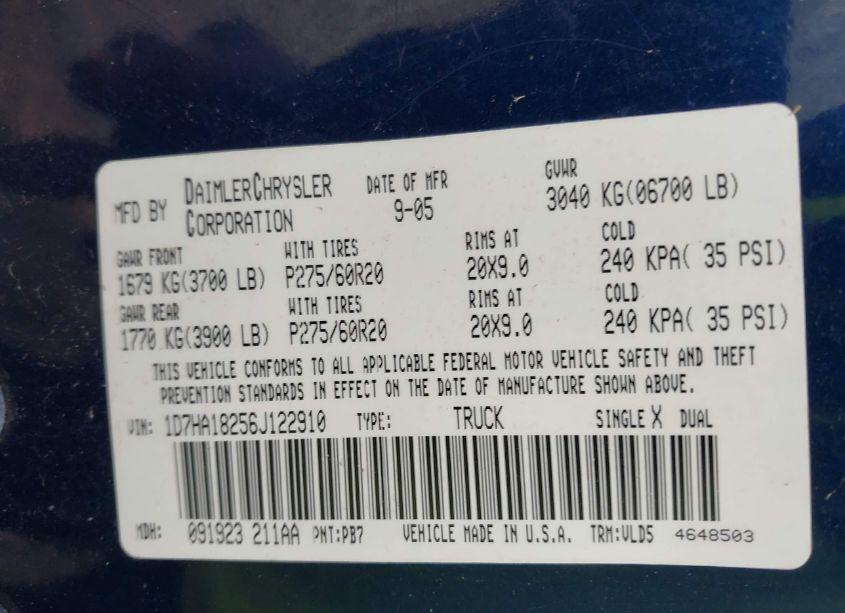 Photo 9 of 2006 Dodge Ram 1500 LARAMIE (VIN 1D7HA18256J122910)