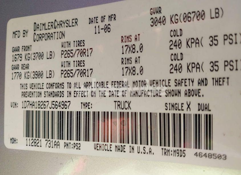 Photo 9 of 2007 Dodge Ram 1500 SLT (VIN 1D7HA18267J564967)