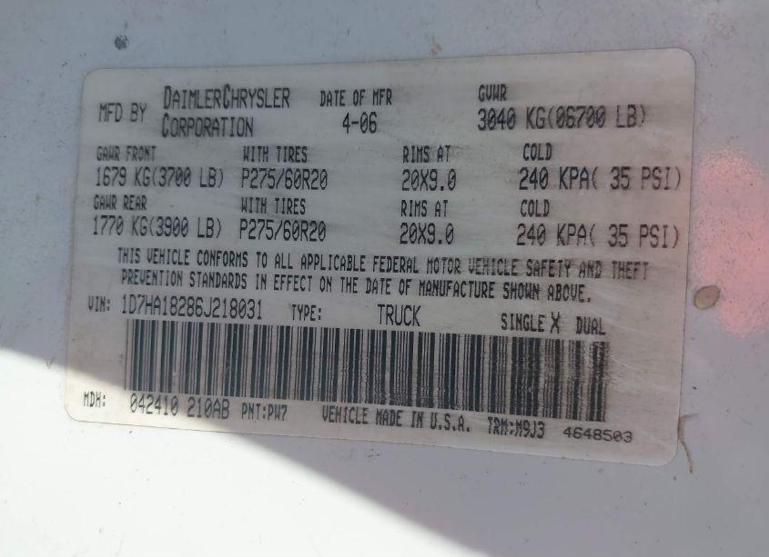 Photo 9 of 2006 Dodge Ram 1500 SLT (VIN 1D7HA18286J218031)