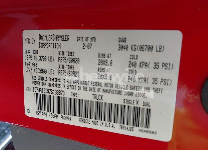 Photo 9 of 2007 Dodge Ram 1500 SLT (VIN 1D7HA18297S188873)