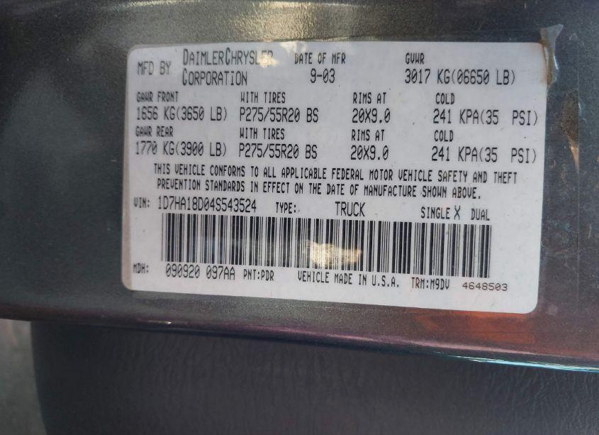 Photo 9 of 2004 Dodge Ram 1500 SLT/LARAMIE (VIN 1D7HA18D04S543524)