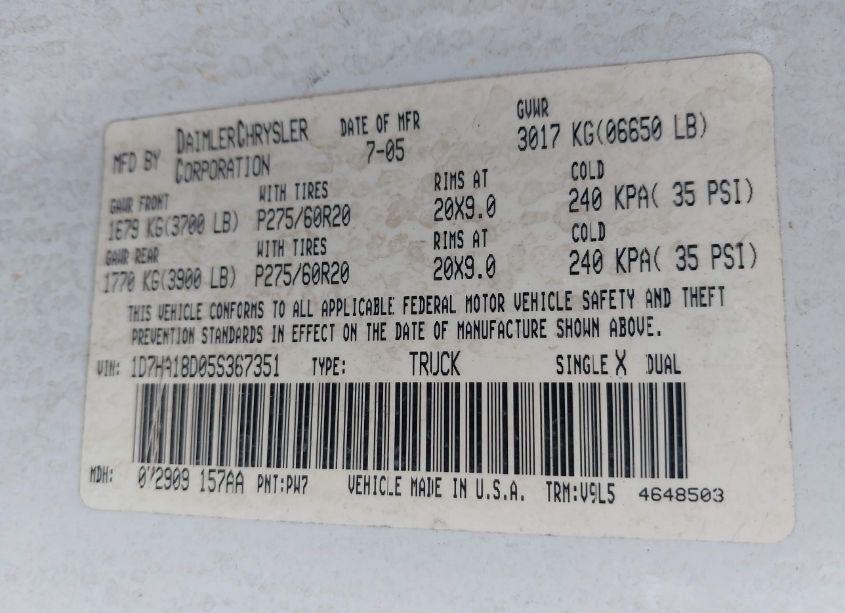 Photo 9 of 2005 Dodge Ram 1500 SLT/LARAMIE (VIN 1D7HA18D05S367351)