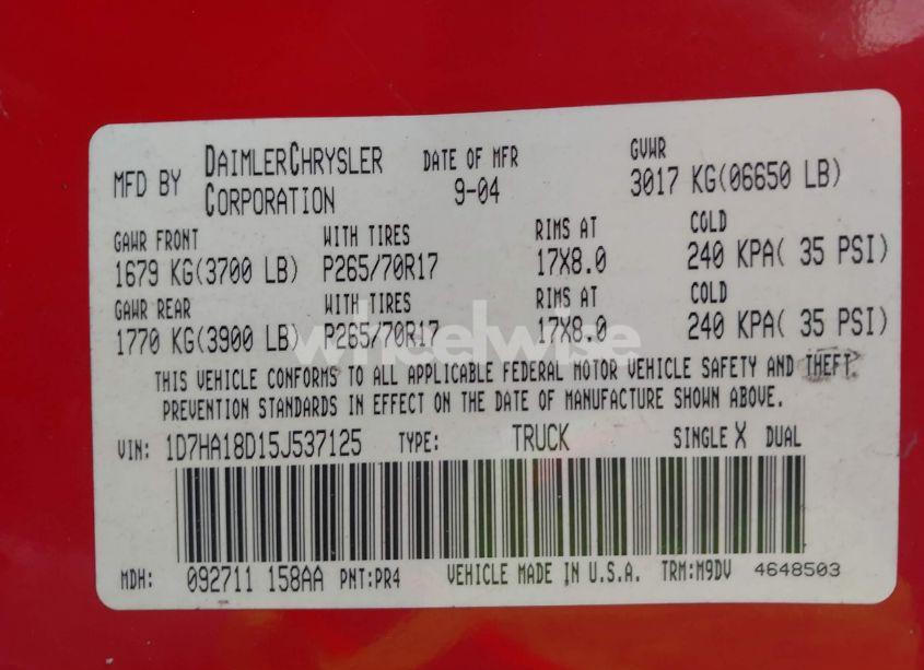 Photo 9 of 2005 Dodge Ram 1500 SLT/LARAMIE (VIN 1D7HA18D15J537125)