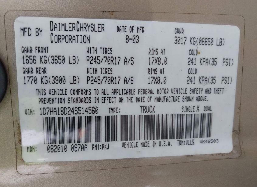 Photo 9 of 2004 Dodge Ram 1500 SLT/LARAMIE (VIN 1D7HA18D24S514560)