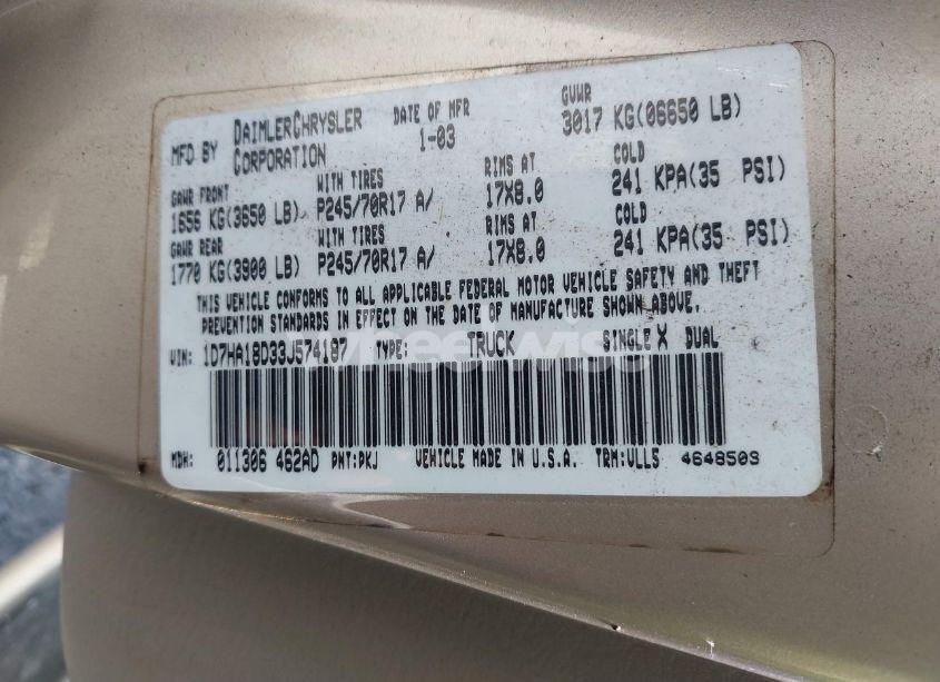 Photo 9 of 2003 Dodge Ram 1500 SLT/LARAMIE/ST (VIN 1D7HA18D33J574187)