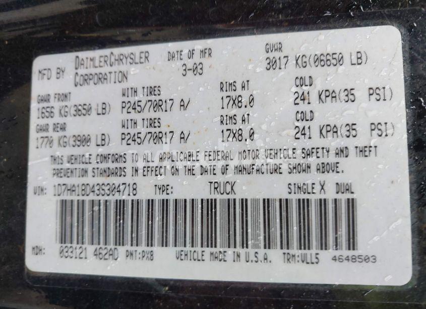 Photo 9 of 2003 Dodge Ram 1500 SLT/LARAMIE/ST (VIN 1D7HA18D43S304718)