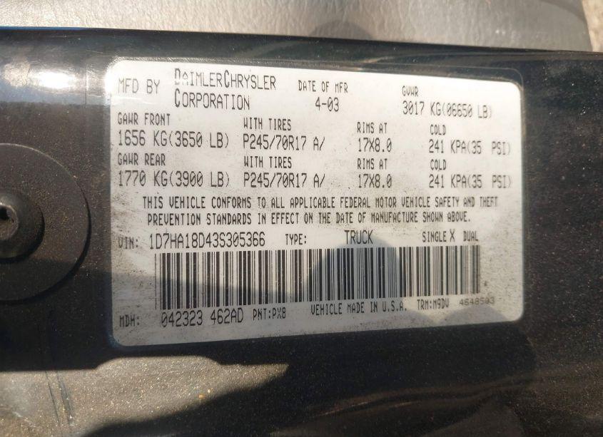 Photo 9 of 2003 Dodge Ram 1500 SLT/LARAMIE/ST (VIN 1D7HA18D43S305366)