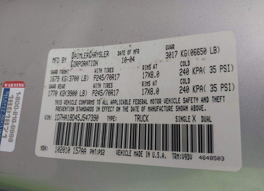 Photo 9 of 2005 Dodge Ram 1500 SLT/LARAMIE (VIN 1D7HA18D45J547390)