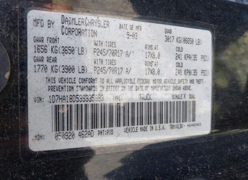 Photo 9 of 2003 Dodge Ram 1500 SLT/LARAMIE/ST (VIN 1D7HA18D53S335993)