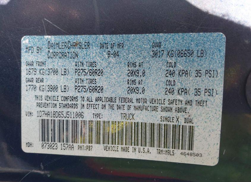 Photo 9 of 2005 Dodge Ram 1500 SLT/LARAMIE (VIN 1D7HA18D65J511006)