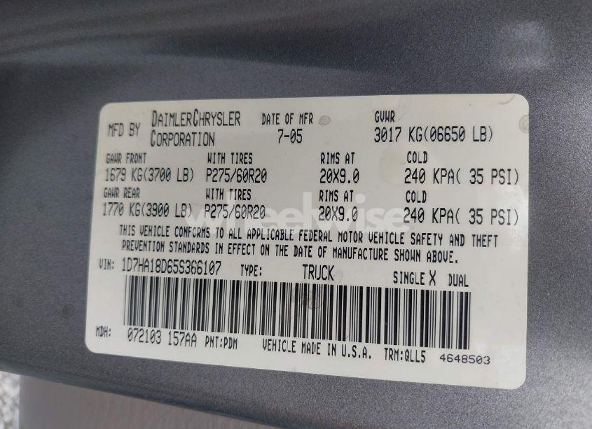 Photo 9 of 2005 Dodge Ram 1500 SLT/LARAMIE (VIN 1D7HA18D65S366107)