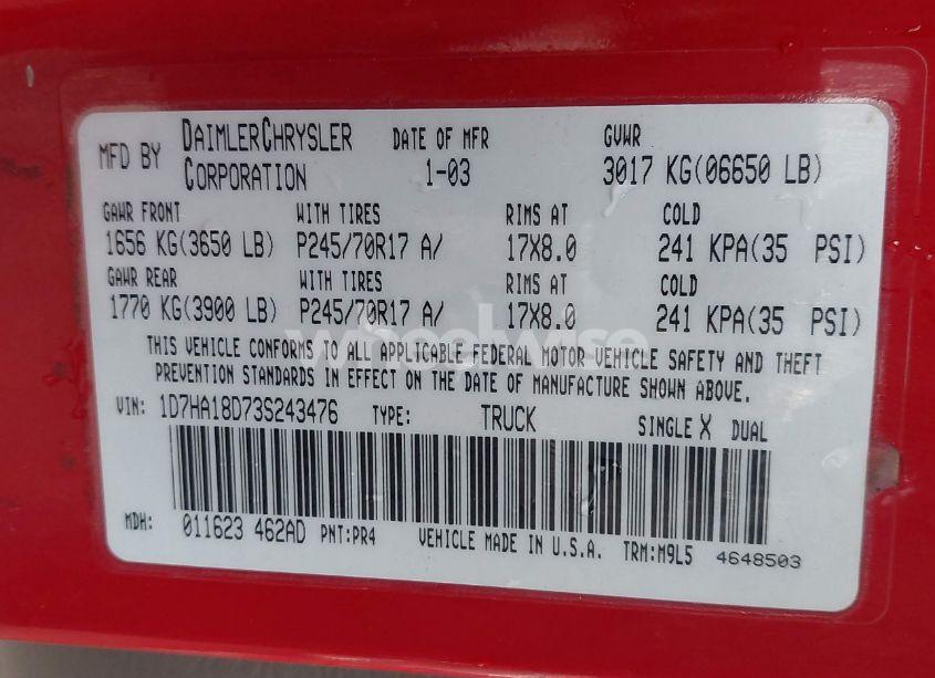 Photo 9 of 2003 Dodge Ram 1500 SLT/LARAMIE/ST (VIN 1D7HA18D73S243476)