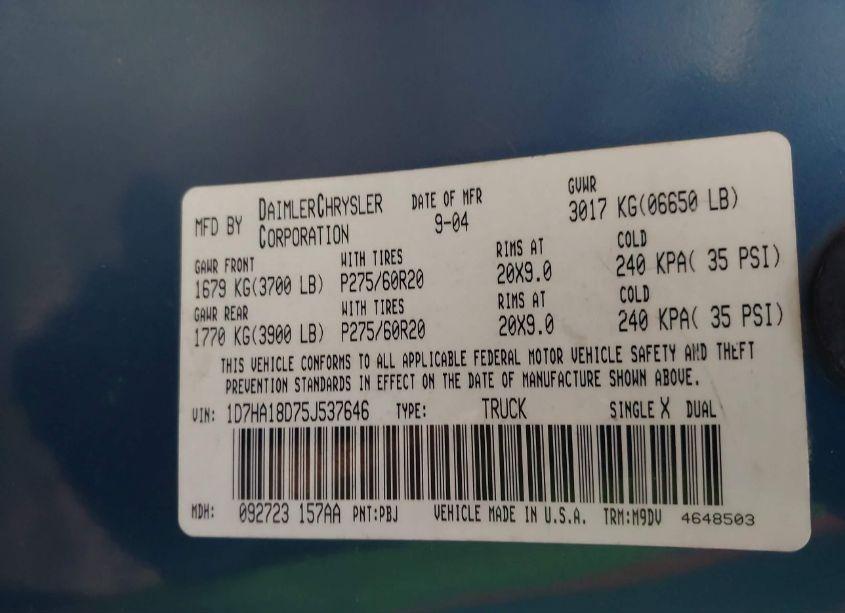 Photo 9 of 2005 Dodge Ram 1500 SLT/LARAMIE (VIN 1D7HA18D75J537646)