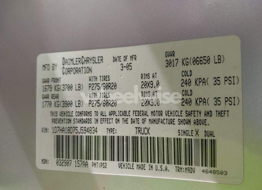 Photo 9 of 2005 Dodge Ram 1500 SLT/LARAMIE (VIN 1D7HA18D75J594834)