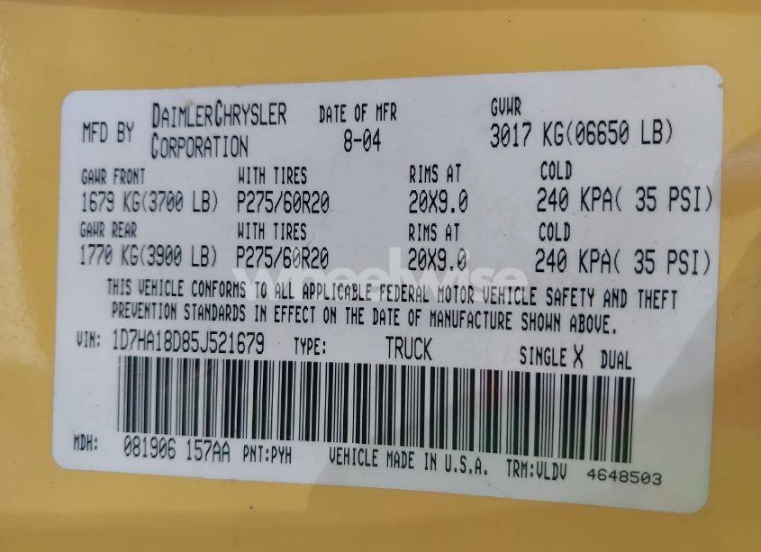 Photo 9 of 2005 Dodge Ram 1500 SLT/LARAMIE (VIN 1D7HA18D85J521679)