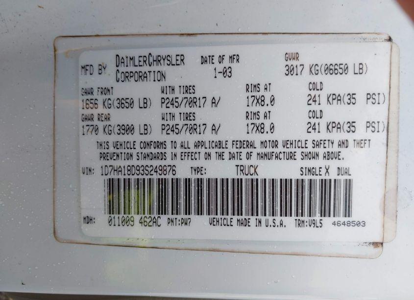 Photo 9 of 2003 Dodge Ram 1500 SLT/LARAMIE/ST (VIN 1D7HA18D93S249876)
