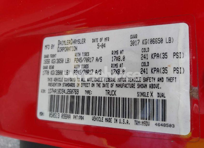 Photo 9 of 2004 Dodge Ram 1500 SLT/LARAMIE (VIN 1D7HA18D94J260769)