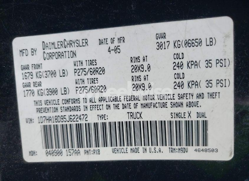 Photo 9 of 2005 Dodge Ram 1500 SLT/LARAMIE (VIN 1D7HA18D95J622472)