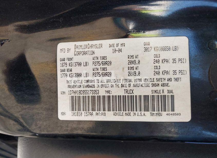 Photo 9 of 2005 Dodge Ram 1500 SLT/LARAMIE (VIN 1D7HA18D95S173353)