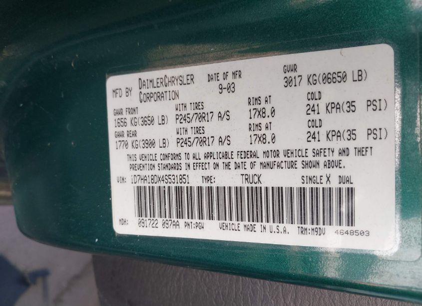 Photo 9 of 2004 Dodge Ram 1500 SLT/LARAMIE (VIN 1D7HA18DX4S531851)