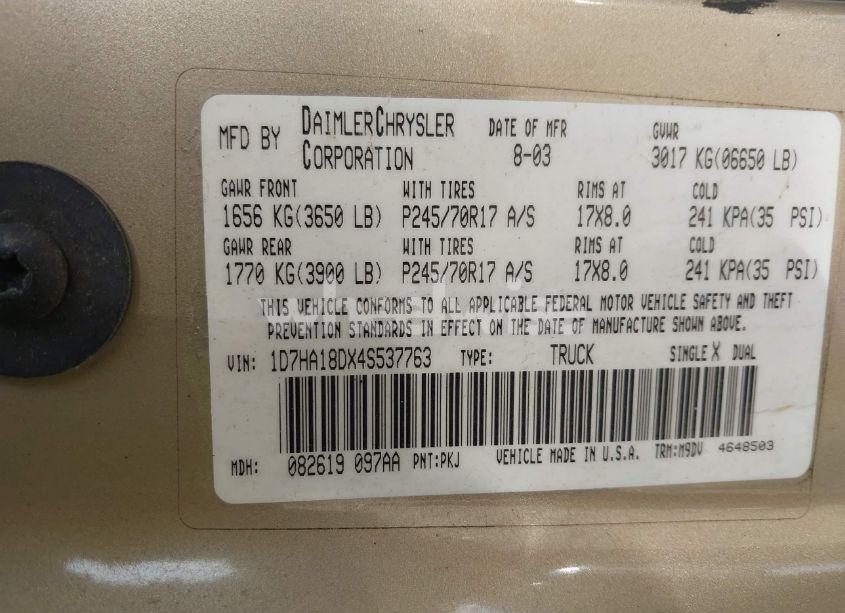 Photo 9 of 2004 Dodge Ram 1500 SLT/LARAMIE (VIN 1D7HA18DX4S537763)