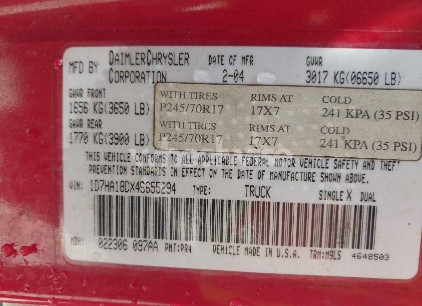 Photo 9 of 2004 Dodge Ram 1500 SLT/LARAMIE (VIN 1D7HA18DX4S655294)