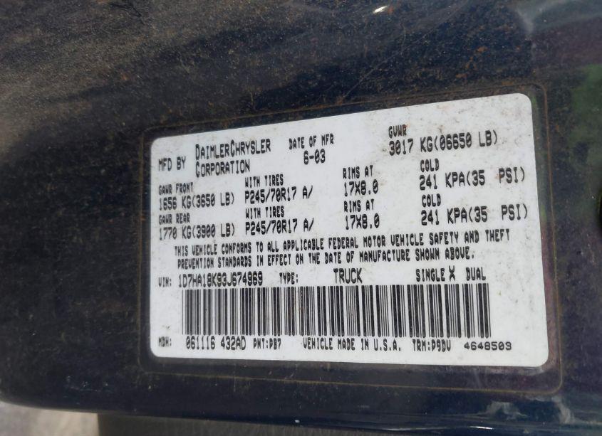 Photo 9 of 2003 Dodge Ram 1500 ST (VIN 1D7HA18K93J674969)
