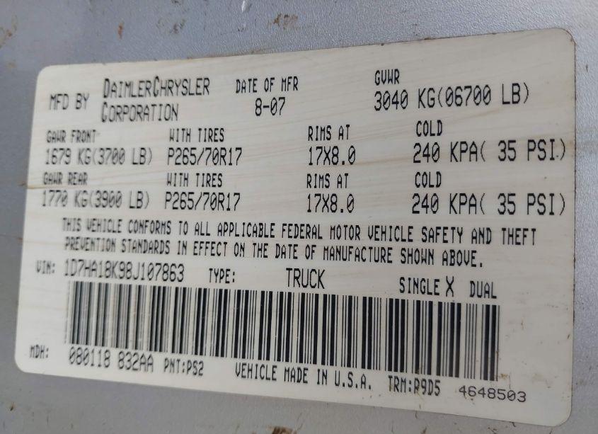 Photo 9 of 2008 Dodge Ram 1500 ST/SXT (VIN 1D7HA18K98J107863)