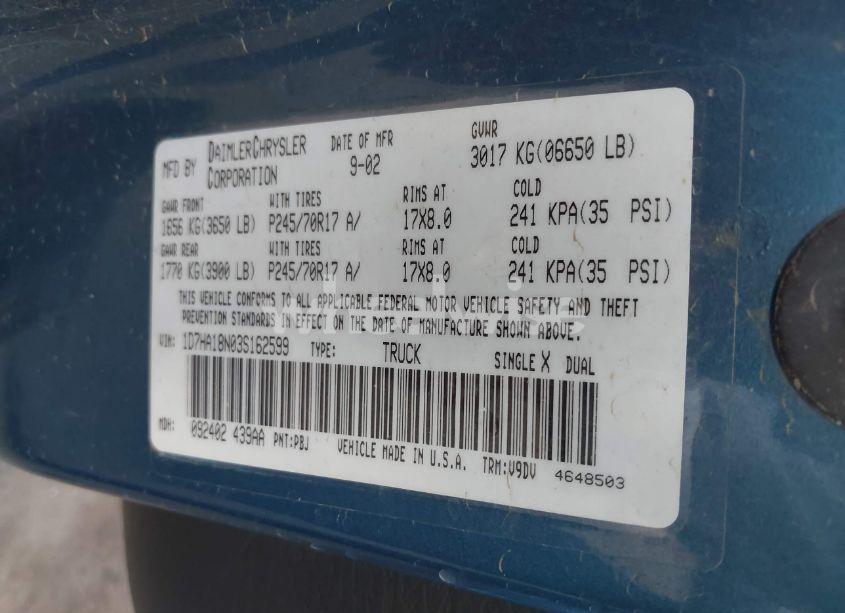 Photo 9 of 2003 Dodge Ram 1500 (VIN 1D7HA18N03S162599)