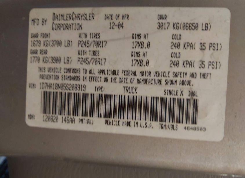 Photo 9 of 2005 Dodge Ram 1500 SLT/LARAMIE (VIN 1D7HA18N05S208919)