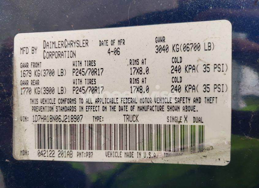 Photo 9 of 2006 Dodge Ram 1500 SLT (VIN 1D7HA18N06J218907)