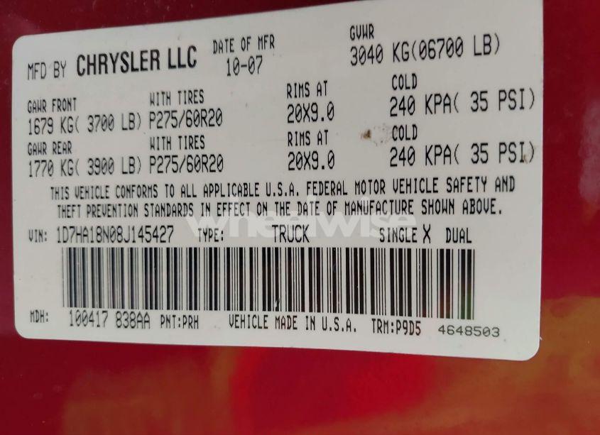 Photo 9 of 2008 Dodge Ram 1500 SLT (VIN 1D7HA18N08J145427)