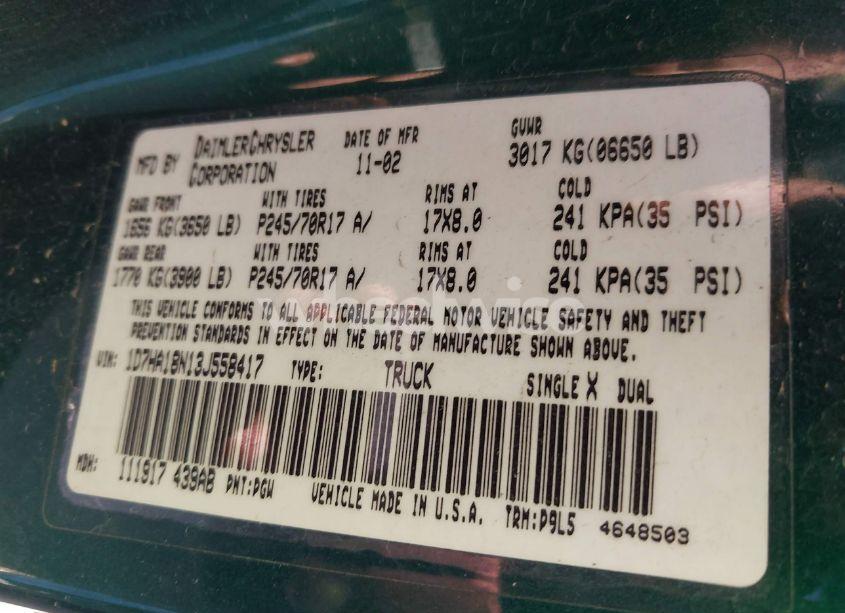 Photo 9 of 2003 Dodge Ram 1500 SLT/LARAMIE/ST (VIN 1D7HA18N13J558417)