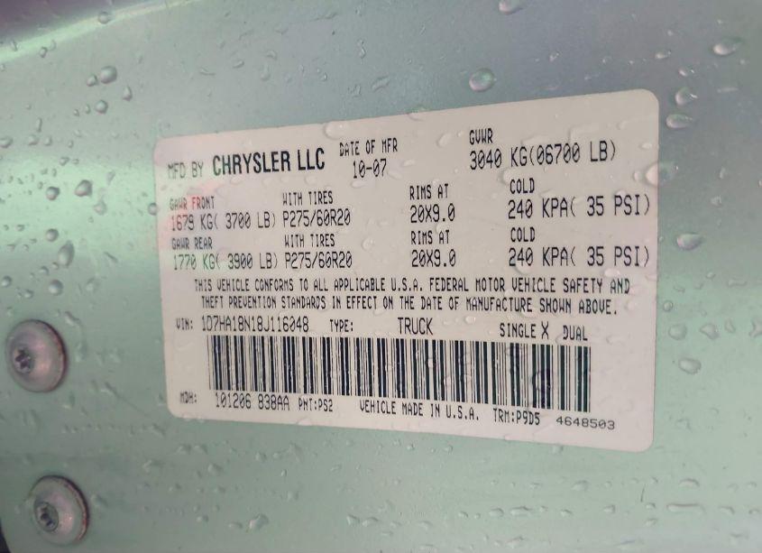 Photo 9 of 2008 Dodge Ram 1500 SLT (VIN 1D7HA18N18J116048)