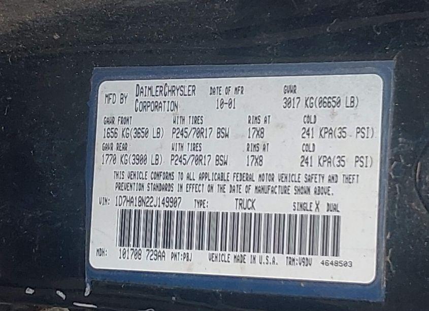 Photo 9 of 2002 Dodge Ram 1500 ST (VIN 1D7HA18N22J149907)