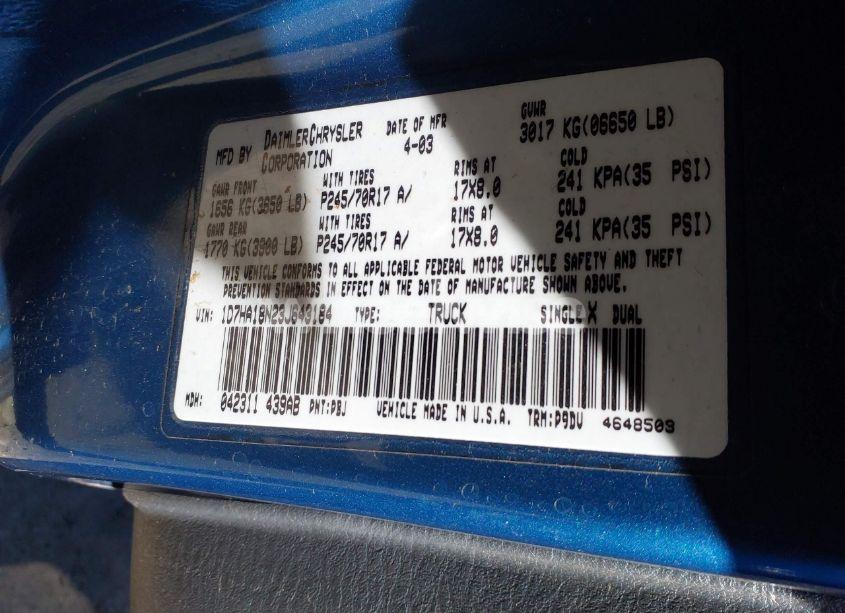 Photo 9 of 2003 Dodge Ram 1500 SLT/LARAMIE/ST (VIN 1D7HA18N23J643184)