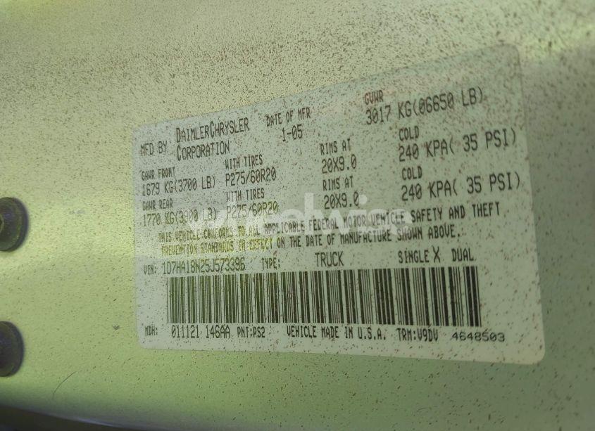 Photo 9 of 2005 Dodge Ram 1500 SLT/LARAMIE (VIN 1D7HA18N25J573396)