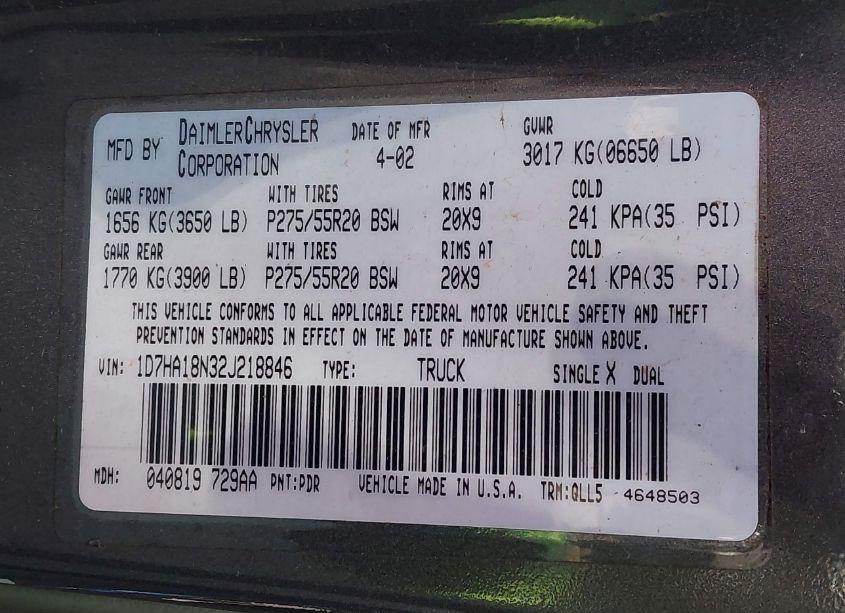 Photo 9 of 2002 Dodge Ram 1500 ST (VIN 1D7HA18N32J218846)