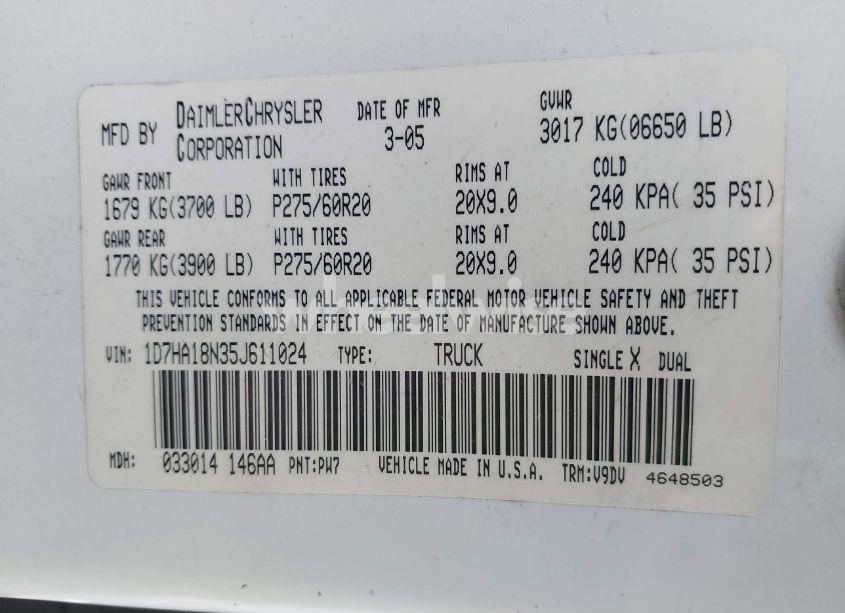 Photo 9 of 2005 Dodge Ram 1500 SLT/LARAMIE (VIN 1D7HA18N35J611024)
