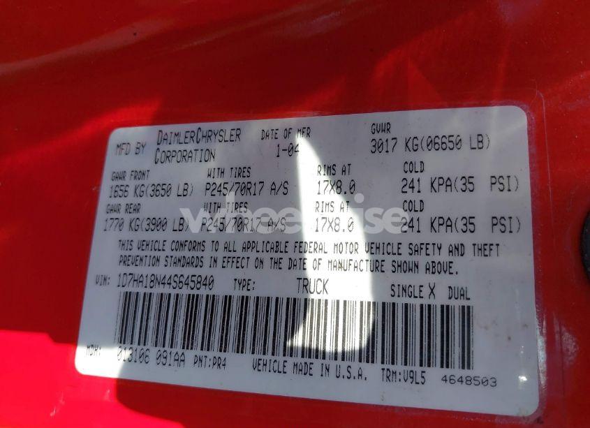 Photo 9 of 2004 Dodge Ram 1500 SLT/LARAMIE (VIN 1D7HA18N44S645840)