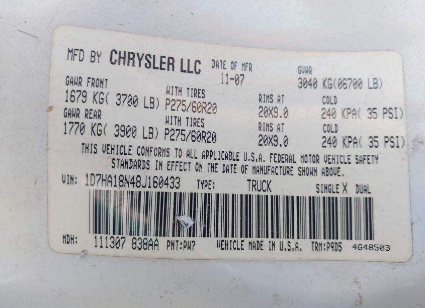 Photo 9 of 2008 Dodge Ram 1500 SLT (VIN 1D7HA18N48J160433)