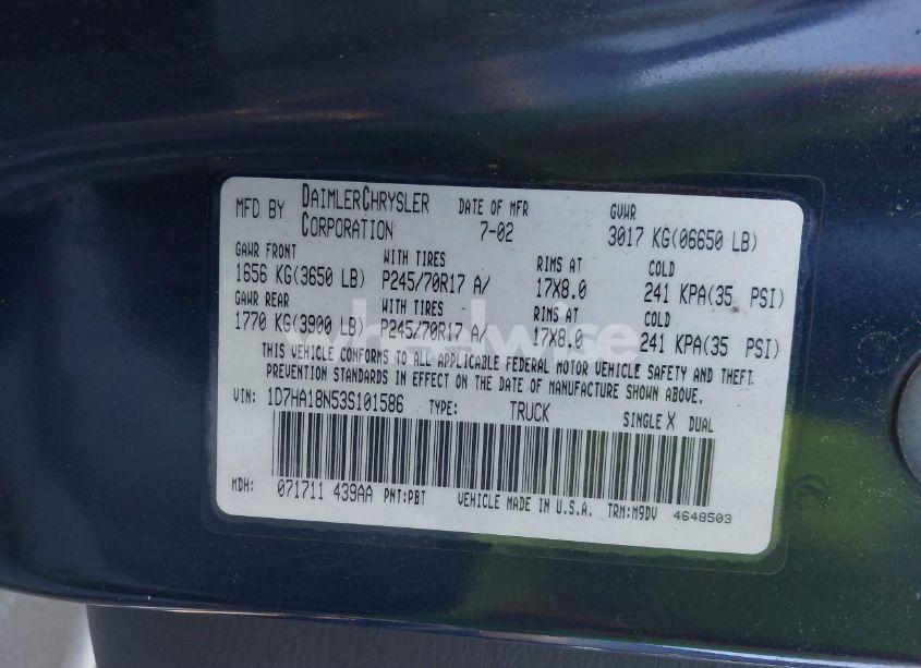 Photo 9 of 2003 Dodge Ram 1500 SLT/LARAMIE/ST (VIN 1D7HA18N53S101586)